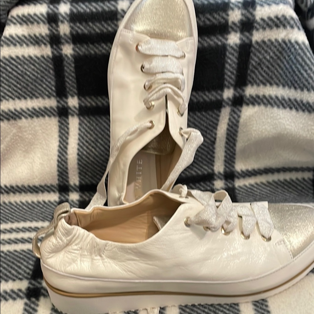 White and Silver Sneakers with Lace-Up Design - Picture 3 of 5